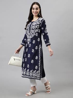 hand embroidered navy blue muslin lucknowi chikan kurta 5