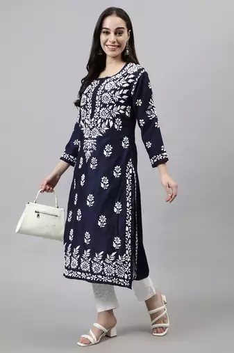 hand embroidered navy blue muslin lucknowi chikan kurta