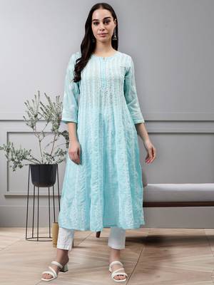 hand embroidered blue terivoil lucknowi chikan anarkali kurta 1