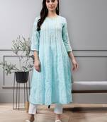 hand embroidered blue terivoil lucknowi chikan anarkali kurta