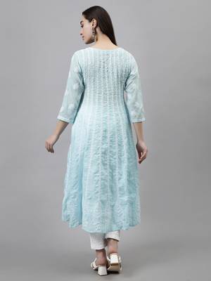 hand embroidered blue terivoil lucknowi chikan anarkali kurta 2