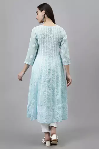 hand embroidered blue terivoil lucknowi chikan anarkali kurta