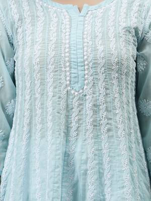 hand embroidered blue terivoil lucknowi chikan anarkali kurta 3