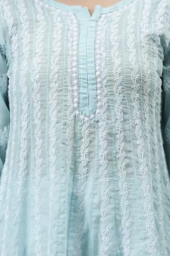 hand embroidered blue terivoil lucknowi chikan anarkali kurta