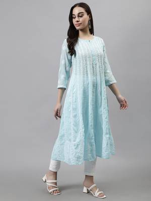 hand embroidered blue terivoil lucknowi chikan anarkali kurta 4
