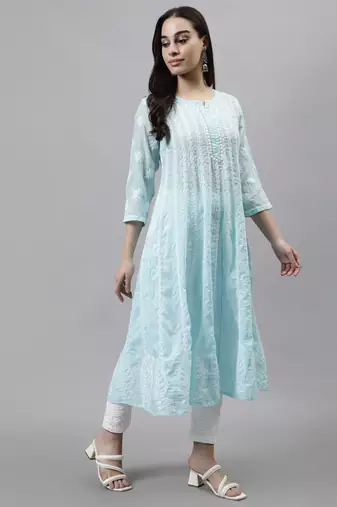 hand embroidered blue terivoil lucknowi chikan anarkali kurta