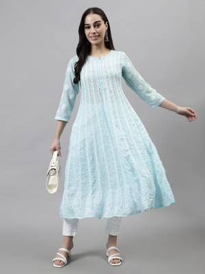 hand embroidered blue terivoil lucknowi chikan anarkali kurta 5