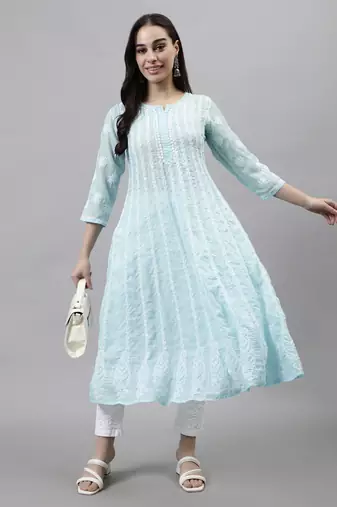 hand embroidered blue terivoil lucknowi chikan anarkali kurta