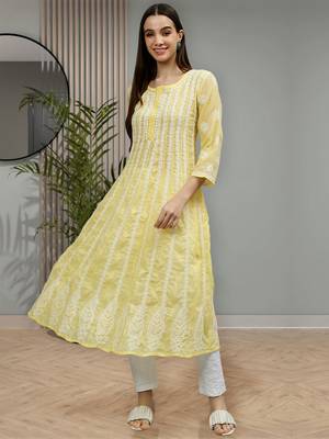 hand embroidered yellow terivoil lucknowi chikan anarkali kurta 1