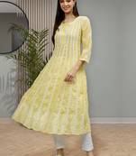 hand embroidered yellow terivoil lucknowi chikan anarkali kurta