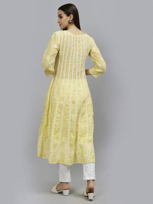 hand embroidered yellow terivoil lucknowi chikan anarkali kurta 2