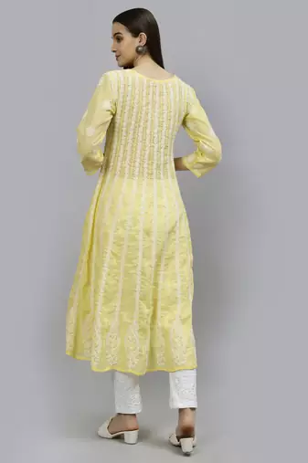 hand embroidered yellow terivoil lucknowi chikan anarkali kurta