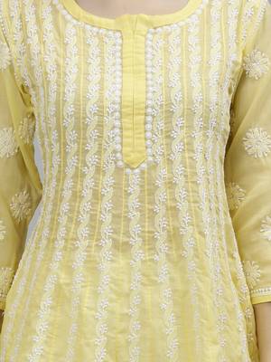hand embroidered yellow terivoil lucknowi chikan anarkali kurta 3