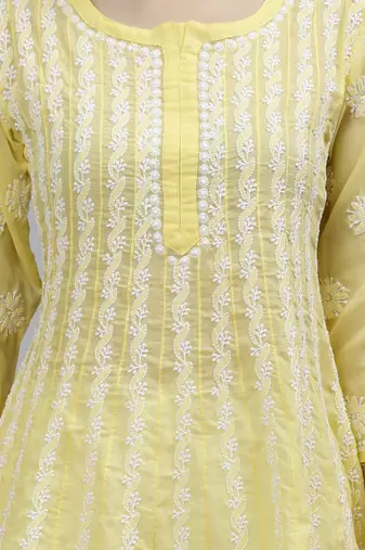 hand embroidered yellow terivoil lucknowi chikan anarkali kurta