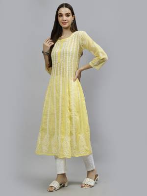 hand embroidered yellow terivoil lucknowi chikan anarkali kurta 4