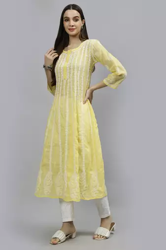 hand embroidered yellow terivoil lucknowi chikan anarkali kurta
