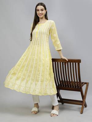 hand embroidered yellow terivoil lucknowi chikan anarkali kurta 5