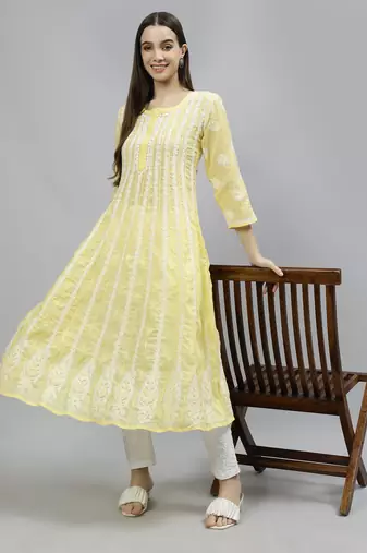 hand embroidered yellow terivoil lucknowi chikan anarkali kurta