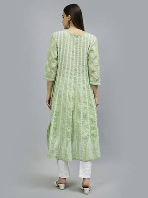 hand embroidered green terivoil lucknowi chikan anarkali kurta 2