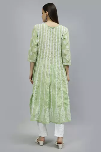 hand embroidered green terivoil lucknowi chikan anarkali kurta