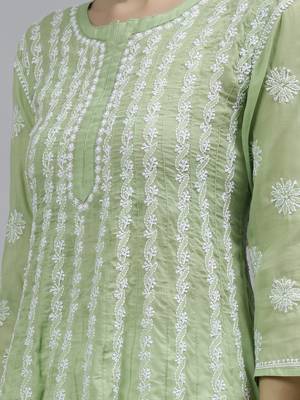 hand embroidered green terivoil lucknowi chikan anarkali kurta 3