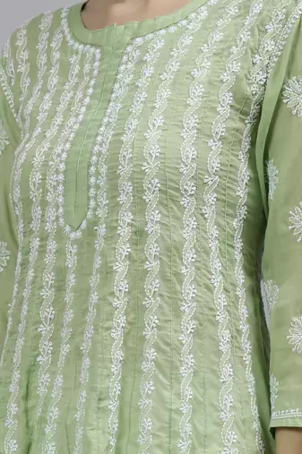 hand embroidered green terivoil lucknowi chikan anarkali kurta