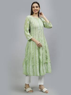 hand embroidered green terivoil lucknowi chikan anarkali kurta 4