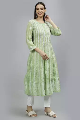hand embroidered green terivoil lucknowi chikan anarkali kurta