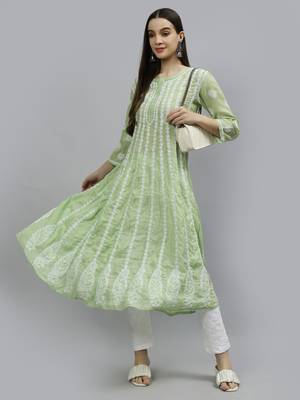 hand embroidered green terivoil lucknowi chikan anarkali kurta 5