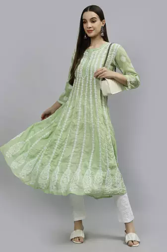 hand embroidered green terivoil lucknowi chikan anarkali kurta