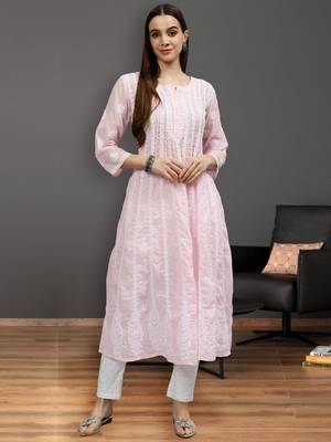hand embroidered pink terivoil lucknowi chikan anarkali kurta 1