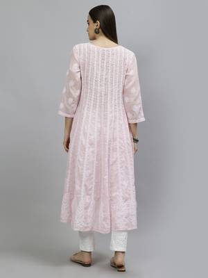 hand embroidered pink terivoil lucknowi chikan anarkali kurta 2