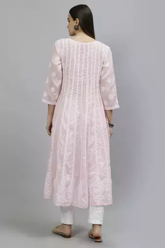 hand embroidered pink terivoil lucknowi chikan anarkali kurta