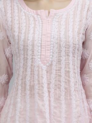 hand embroidered pink terivoil lucknowi chikan anarkali kurta 3