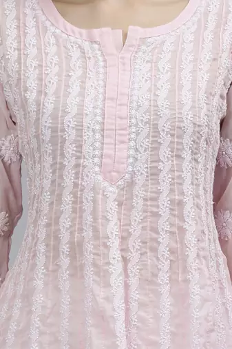 hand embroidered pink terivoil lucknowi chikan anarkali kurta