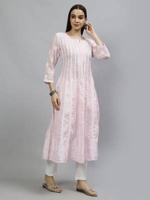hand embroidered pink terivoil lucknowi chikan anarkali kurta 4