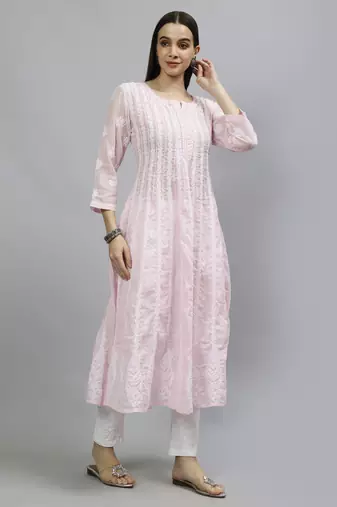 hand embroidered pink terivoil lucknowi chikan anarkali kurta
