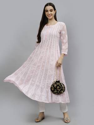 hand embroidered pink terivoil lucknowi chikan anarkali kurta 5