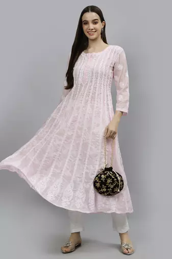 hand embroidered pink terivoil lucknowi chikan anarkali kurta