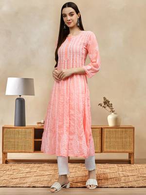 hand embroidered peach terivoil lucknowi chikan anarkali kurta 1
