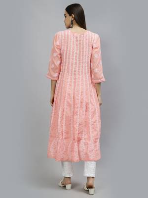hand embroidered peach terivoil lucknowi chikan anarkali kurta 2