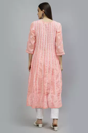 hand embroidered peach terivoil lucknowi chikan anarkali kurta