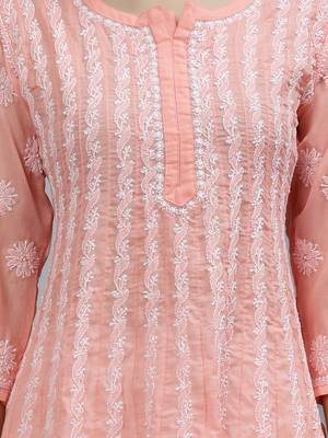 hand embroidered peach terivoil lucknowi chikan anarkali kurta 3