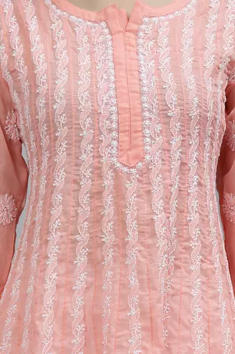 hand embroidered peach terivoil lucknowi chikan anarkali kurta