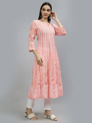 hand embroidered peach terivoil lucknowi chikan anarkali kurta 4