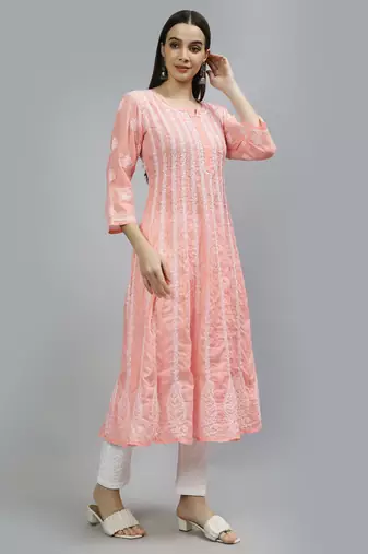 hand embroidered peach terivoil lucknowi chikan anarkali kurta