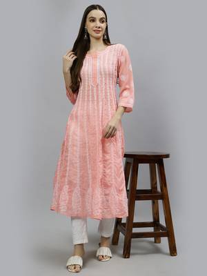 hand embroidered peach terivoil lucknowi chikan anarkali kurta 5