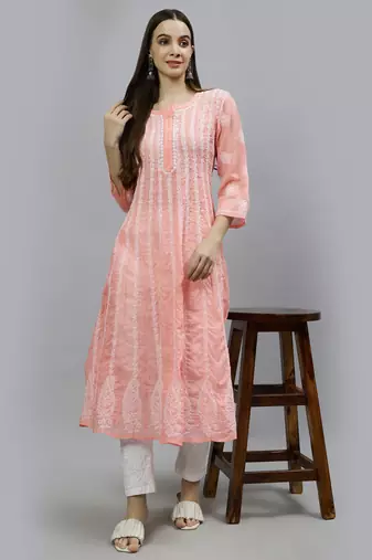 hand embroidered peach terivoil lucknowi chikan anarkali kurta