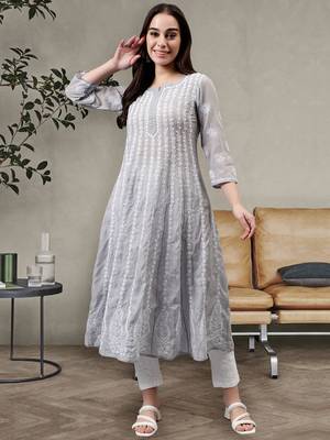 hand embroidered grey terivoil lucknowi chikan anarkali kurta 1