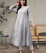 hand embroidered grey terivoil lucknowi chikan anarkali kurta